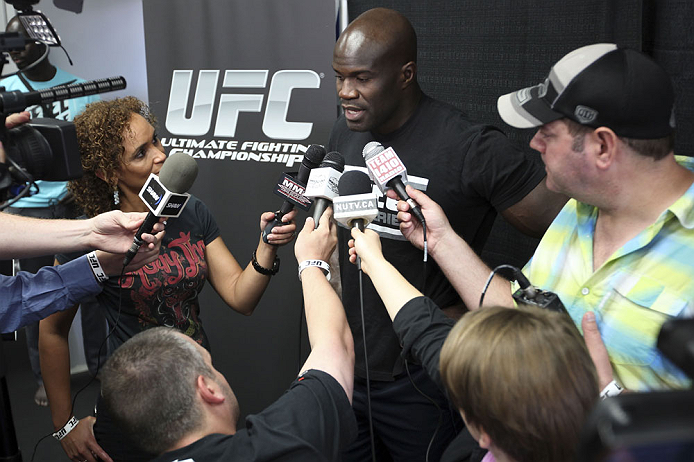 CALGARY, CANADA - JULY 18: Cheick Kongo speaks to the media during the UFC 149 Open Workouts inside Champion's Creed Gym on July 18, 2012 in Calgary, Alberta, Canada. (Photo by Jeff Bottari/Zuffa LLC/Zuffa LLC via Getty Images)