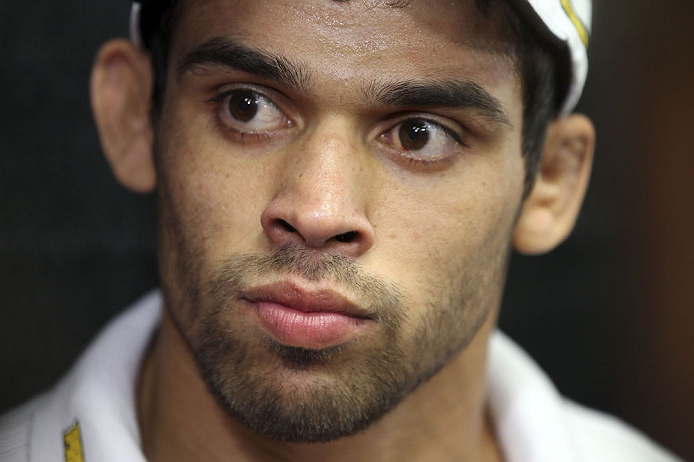 CALGARY, CANADA - JULY 18: Renan Barao speaks to the media during the UFC 149 Open Workouts inside Champion's Creed Gym on July 18, 2012 in Calgary, Alberta, Canada. (Photo by Jeff Bottari/Zuffa LLC/Zuffa LLC via Getty Images)