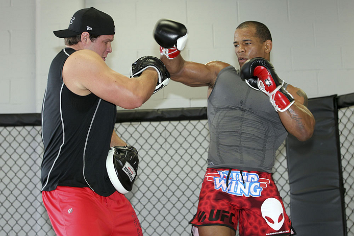 CALGARY, CANADA - JULY 18: Hector Lombard works out for the fans and media during the UFC 149 Open Workouts inside Champion's Creed Gym on July 18, 2012 in Calgary, Alberta, Canada. (Photo by Jeff Bottari/Zuffa LLC/Zuffa LLC via Getty Images)
