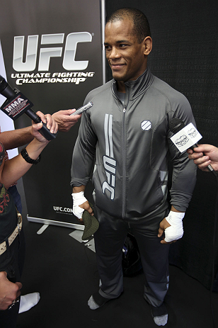 CALGARY, CANADA - JULY 18: Hector Lombard speaks to the media during the UFC 149 Open Workouts inside Champion's Creed Gym on July 18, 2012 in Calgary, Alberta, Canada. (Photo by Jeff Bottari/Zuffa LLC/Zuffa LLC via Getty Images)