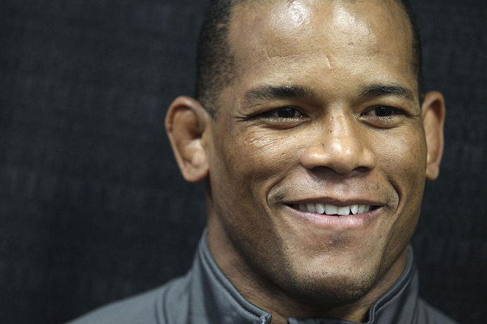 CALGARY, CANADA - JULY 18: Hector Lombard speaks to the media during the UFC 149 Open Workouts inside Champion's Creed Gym on July 18, 2012 in Calgary, Alberta, Canada. (Photo by Jeff Bottari/Zuffa LLC/Zuffa LLC via Getty Images)