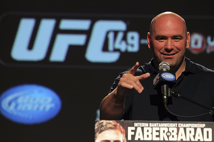 CALGARY, CANADA - JULY 19: UFC President Dana White attends the UFC 149 press conference at the Flames Central Sports Club on July 19, 2012 in Calgary, Alberta, Canada. (Photo by Jeff Bottari/Zuffa LLC/Zuffa LLC via Getty Images)