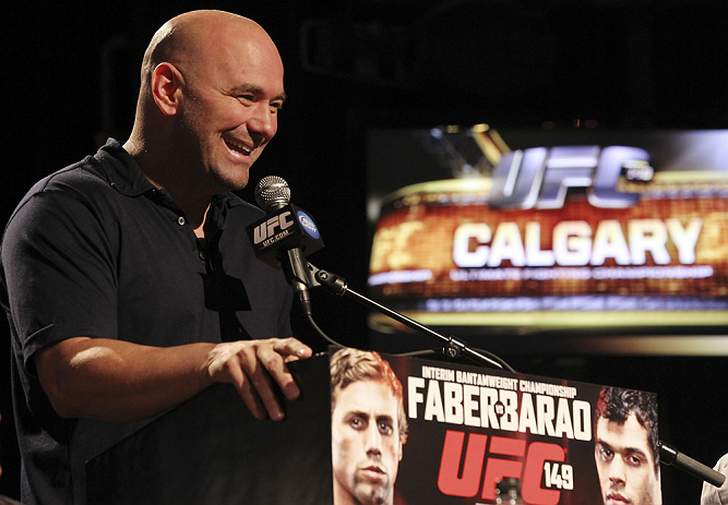 CALGARY, CANADA - JULY 19: UFC President Dana White attends the UFC 149 press conference at the Flames Central Sports Club on July 19, 2012 in Calgary, Alberta, Canada. (Photo by Jeff Bottari/Zuffa LLC/Zuffa LLC via Getty Images)