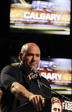 CALGARY, CANADA - JULY 19: UFC President Dana White attends the UFC 149 press conference at the Flames Central Sports Club on July 19, 2012 in Calgary, Alberta, Canada. (Photo by Jeff Bottari/Zuffa LLC/Zuffa LLC via Getty Images)