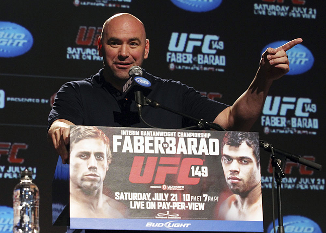 CALGARY, CANADA - JULY 19: UFC President Dana White attends the UFC 149 press conference at the Flames Central Sports Club on July 19, 2012 in Calgary, Alberta, Canada. (Photo by Jeff Bottari/Zuffa LLC/Zuffa LLC via Getty Images)