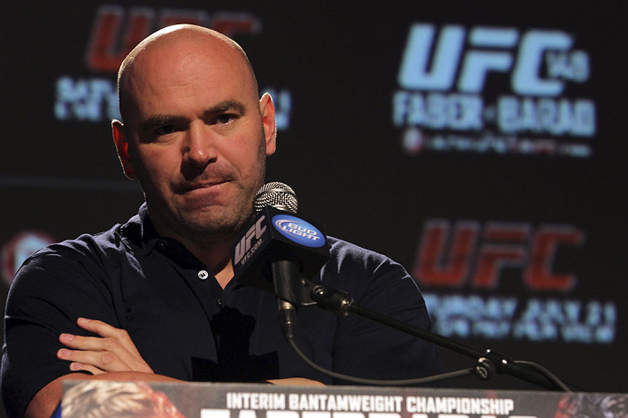 CALGARY, CANADA - JULY 19: UFC President Dana White attends the UFC 149 press conference at the Flames Central Sports Club on July 19, 2012 in Calgary, Alberta, Canada. (Photo by Jeff Bottari/Zuffa LLC/Zuffa LLC via Getty Images)