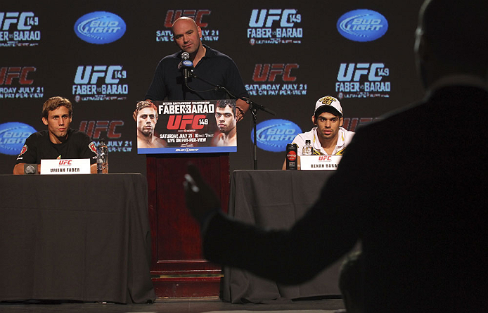 CALGARY, CANADA - JULY 19: (L-R) Urijah Faber, UFC President Dana White and Renan Barao field questions from the media at the UFC 149 press conference at the Flames Central Sports Club on July 19, 2012 in Calgary, Alberta, Canada. (Photo by Jeff Bottari/Zuffa LLC/Zuffa LLC via Getty Images)