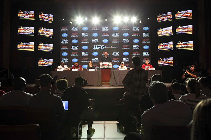 CALGARY, CANADA - JULY 19: UFC President Dana White speaks to the media at the UFC 149 press conference at the Flames Central Sports Club on July 19, 2012 in Calgary, Alberta, Canada. (Photo by Jeff Bottari/Zuffa LLC/Zuffa LLC via Getty Images)