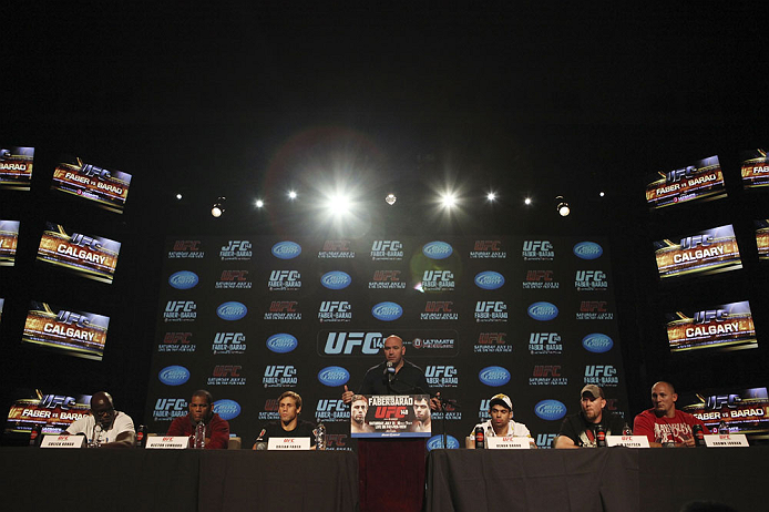 CALGARY, CANADA - JULY 19: UFC President Dana White speaks to the media at the UFC 149 press conference at the Flames Central Sports Club on July 19, 2012 in Calgary, Alberta, Canada. (Photo by Jeff Bottari/Zuffa LLC/Zuffa LLC via Getty Images)