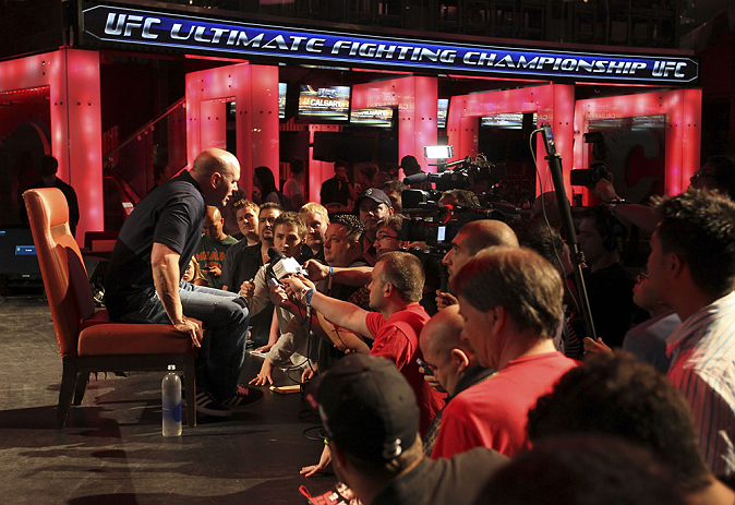 CALGARY, CANADA - JULY 19: UFC President Dana White fields questions from the media after the UFC 149 press conference at the Flames Central Sports Club on July 19, 2012 in Calgary, Alberta, Canada. (Photo by Jeff Bottari/Zuffa LLC/Zuffa LLC via Getty Images)
