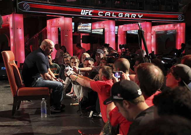 CALGARY, CANADA - JULY 19: UFC President Dana White fields questions from the media after the UFC 149 press conference at the Flames Central Sports Club on July 19, 2012 in Calgary, Alberta, Canada. (Photo by Jeff Bottari/Zuffa LLC/Zuffa LLC via Getty Images)