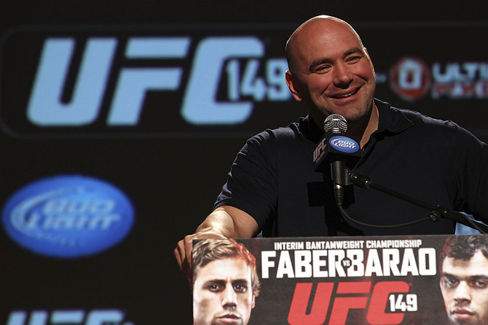 CALGARY, CANADA - JULY 19: UFC President Dana White attends the UFC 149 press conference at the Flames Central Sports Club on July 19, 2012 in Calgary, Alberta, Canada. (Photo by Jeff Bottari/Zuffa LLC/Zuffa LLC via Getty Images)