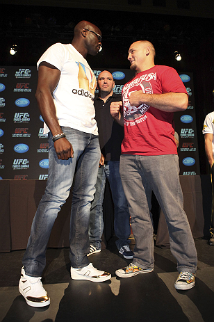 CALGARY, CANADA - JULY 19: Cheick Kongo and Shawn Jordan square off at the UFC 149 press conference at the Flames Central Sports Club on July 19, 2012 in Calgary, Alberta, Canada. (Photo by Jeff Bottari/Zuffa LLC/Zuffa LLC via Getty Images)