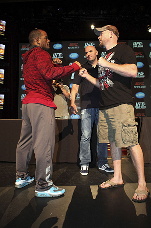 CALGARY, CANADA - JULY 19: Hector Lombard squares off against Tim Boetsch at the UFC 149 press conference at the Flames Central Sports Club on July 19, 2012 in Calgary, Alberta, Canada. (Photo by Jeff Bottari/Zuffa LLC/Zuffa LLC via Getty Images)