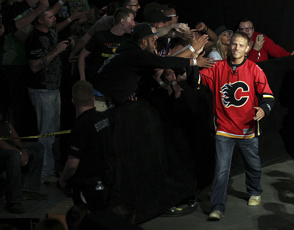 CALGARY, CANADA - JULY 20:  Nick Ring greets the crowd at the UFC 149 weigh-in at the Scotiabank Saddledome on July 20, 2012 in Calgary, Alberta, Canada.  (Photo by Jeff Bottari/Zuffa LLC/Zuffa LLC via Getty Images)