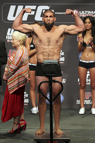 CALGARY, CANADA - JULY 20: Court McGee makes weight at the UFC 149 weigh-in at the Scotiabank Saddledome on July 20, 2012 in Calgary, Alberta, Canada.  (Photo by Jeff Bottari/Zuffa LLC/Zuffa LLC via Getty Images)