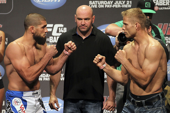 CALGARY, CANADA - JULY 20: Court McGee and Nick Ring face off at the UFC 149 weigh-in at the Scotiabank Saddledome on July 20, 2012 in Calgary, Alberta, Canada.  (Photo by Jeff Bottari/Zuffa LLC/Zuffa LLC via Getty Images)