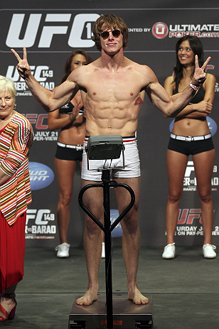CALGARY, CANADA - JULY 20:  Matthew Riddle makes weight at the UFC 149 weigh-in at the Scotiabank Saddledome on July 20, 2012 in Calgary, Alberta, Canada.  (Photo by Jeff Bottari/Zuffa LLC/Zuffa LLC via Getty Images)