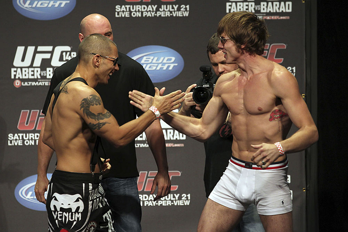 CALGARY, CANADA - JULY 20:  Chris Clements and Matthew Riddle face off at the UFC 149 weigh-in at the Scotiabank Saddledome on July 20, 2012 in Calgary, Alberta, Canada.  (Photo by Jeff Bottari/Zuffa LLC/Zuffa LLC via Getty Images)
