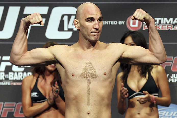 CALGARY, CANADA - JULY 20: Brian Ebersole makes weight at the UFC 149 weigh-in at the Scotiabank Saddledome on July 20, 2012 in Calgary, Alberta, Canada.  (Photo by Jeff Bottari/Zuffa LLC/Zuffa LLC via Getty Images)