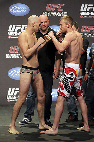 CALGARY, CANADA - JULY 20:  Brian Ebersole and James Head face off at the UFC 149 weigh-in at the Scotiabank Saddledome on July 20, 2012 in Calgary, Alberta, Canada.  (Photo by Jeff Bottari/Zuffa LLC/Zuffa LLC via Getty Images)