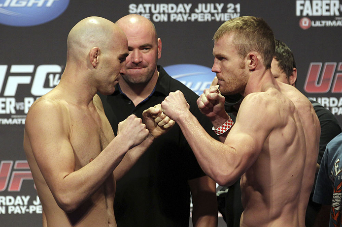 CALGARY, CANADA - JULY 20:  Brian Ebersole and James Head face off at the UFC 149 weigh-in at the Scotiabank Saddledome on July 20, 2012 in Calgary, Alberta, Canada.  (Photo by Jeff Bottari/Zuffa LLC/Zuffa LLC via Getty Images)