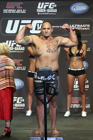 CALGARY, CANADA - JULY 20:  Shawn Jordan makes weight at the UFC 149 weigh-in at the Scotiabank Saddledome on July 20, 2012 in Calgary, Alberta, Canada.  (Photo by Jeff Bottari/Zuffa LLC/Zuffa LLC via Getty Images)