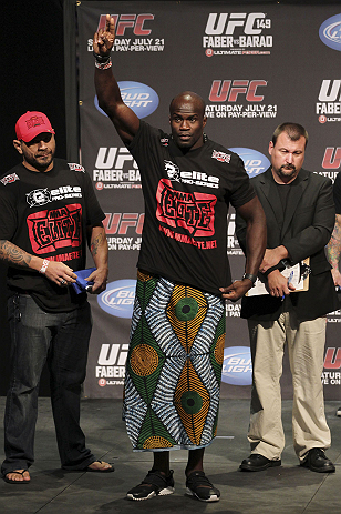 CALGARY, CANADA - JULY 20:  Cheick Kongo salutes the crowd prior to weighing in at the UFC 149 weigh-in at the Scotiabank Saddledome on July 20, 2012 in Calgary, Alberta, Canada.  (Photo by Jeff Bottari/Zuffa LLC/Zuffa LLC via Getty Images)