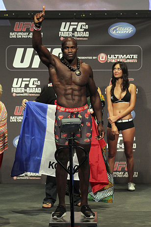 CALGARY, CANADA - JULY 20: Cheick Kongo makes weight at the UFC 149 weigh-in at the Scotiabank Saddledome on July 20, 2012 in Calgary, Alberta, Canada.  (Photo by Jeff Bottari/Zuffa LLC/Zuffa LLC via Getty Images)