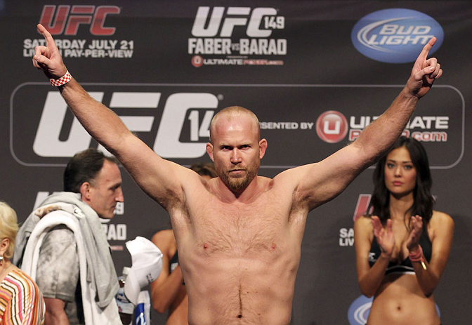 CALGARY, CANADA - JULY 20: Tim Boetsch makes weight at the UFC 149 weigh-in at the Scotiabank Saddledome on July 20, 2012 in Calgary, Alberta, Canada.  (Photo by Jeff Bottari/Zuffa LLC/Zuffa LLC via Getty Images)