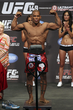 CALGARY, CANADA - JULY 20:  Hector Lombard makes weight at the UFC 149 weigh-in at the Scotiabank Saddledome on July 20, 2012 in Calgary, Alberta, Canada.  (Photo by Jeff Bottari/Zuffa LLC/Zuffa LLC via Getty Images)