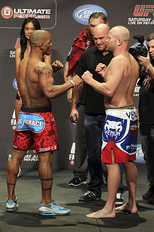 CALGARY, CANADA - JULY 20: Hector Lombard and Tim Boetsch face off at the UFC 149 weigh-in at the Scotiabank Saddledome on July 20, 2012 in Calgary, Alberta, Canada.  (Photo by Jeff Bottari/Zuffa LLC/Zuffa LLC via Getty Images)
