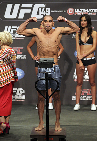 CALGARY, CANADA - JULY 20: Renan Barao makes weight at the UFC 149 weigh-in at the Scotiabank Saddledome on July 20, 2012 in Calgary, Alberta, Canada.  (Photo by Jeff Bottari/Zuffa LLC/Zuffa LLC via Getty Images)