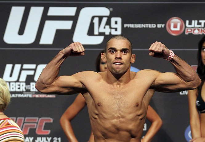 CALGARY, CANADA - JULY 20: Renan Barao makes weight at the UFC 149 weigh-in at the Scotiabank Saddledome on July 20, 2012 in Calgary, Alberta, Canada.  (Photo by Jeff Bottari/Zuffa LLC/Zuffa LLC via Getty Images)