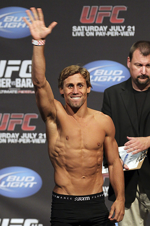 CALGARY, CANADA - JULY 20: Urijah Faber waves to the crowd prior to weighing in at the UFC 149 weigh-in at the Scotiabank Saddledome on July 20, 2012 in Calgary, Alberta, Canada.  (Photo by Jeff Bottari/Zuffa LLC/Zuffa LLC via Getty Images)