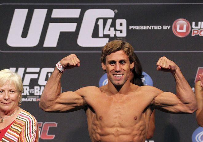 CALGARY, CANADA - JULY 20:  Urijah Faber makes weight at the UFC 149 weigh-in at the Scotiabank Saddledome on July 20, 2012 in Calgary, Alberta, Canada.  (Photo by Jeff Bottari/Zuffa LLC/Zuffa LLC via Getty Images)