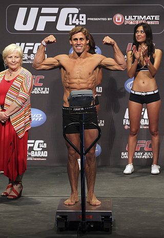 CALGARY, CANADA - JULY 20: Urijah Faber makes weight at the UFC 149 weigh-in at the Scotiabank Saddledome on July 20, 2012 in Calgary, Alberta, Canada.  (Photo by Jeff Bottari/Zuffa LLC/Zuffa LLC via Getty Images)