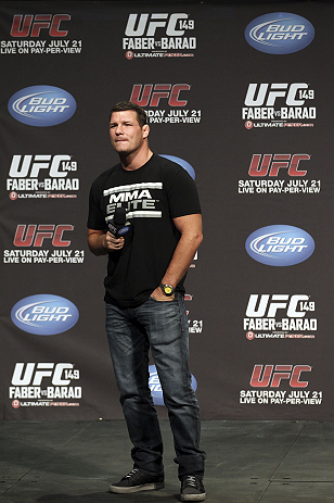 CALGARY, CANADA - JULY 20:  Michael Bisping conducts a Q&A session with the fans prior to the UFC 149 weigh-in at the Scotiabank Saddledome on July 20, 2012 in Calgary, Alberta, Canada.  (Photo by Jeff Bottari/Zuffa LLC/Zuffa LLC via Getty Images)