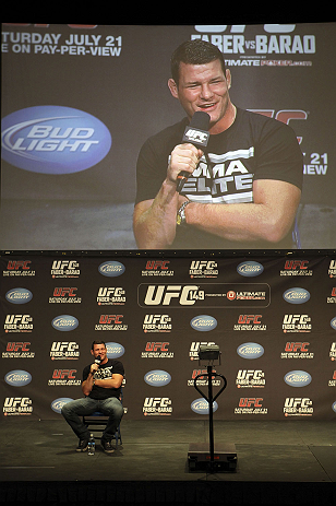 CALGARY, CANADA - JULY 20:  Michael Bisping conducts a Q&A session with the fans prior to the UFC 149 weigh-in at the Scotiabank Saddledome on July 20, 2012 in Calgary, Alberta, Canada.  (Photo by Jeff Bottari/Zuffa LLC/Zuffa LLC via Getty Images)