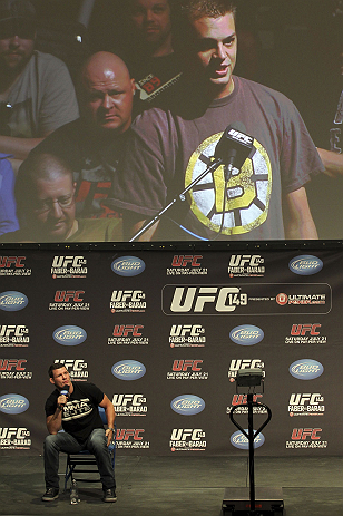 CALGARY, CANADA - JULY 20:  Michael Bisping conducts a Q&A session with the fans prior to the UFC 149 weigh-in at the Scotiabank Saddledome on July 20, 2012 in Calgary, Alberta, Canada.  (Photo by Jeff Bottari/Zuffa LLC/Zuffa LLC via Getty Images)