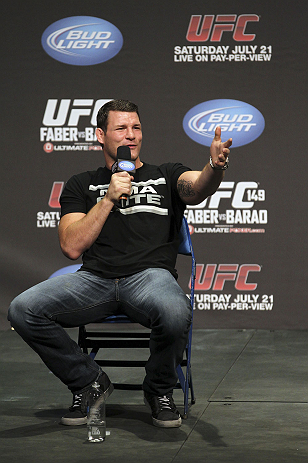 CALGARY, CANADA - JULY 20:  Michael Bisping conducts a Q&A session with the fans prior to the UFC 149 weigh-in at the Scotiabank Saddledome on July 20, 2012 in Calgary, Alberta, Canada.  (Photo by Jeff Bottari/Zuffa LLC/Zuffa LLC via Getty Images)