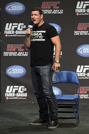 CALGARY, CANADA - JULY 20:  Michael Bisping conducts a Q&A session with the fans prior to the UFC 149 weigh-in at the Scotiabank Saddledome on July 20, 2012 in Calgary, Alberta, Canada.  (Photo by Jeff Bottari/Zuffa LLC/Zuffa LLC via Getty Images)
