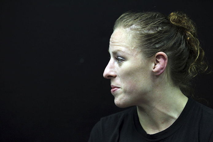 CALGARY, CANADA - JULY 20:  Sarah Kaufman speaks to the media prior to the UFC 149 weigh-in at the Scotiabank Saddledome on July 20, 2012 in Calgary, Alberta, Canada.  (Photo by Jeff Bottari/Zuffa LLC/Zuffa LLC via Getty Images)