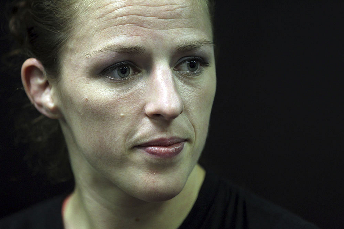 CALGARY, CANADA - JULY 20:  Sarah Kaufman speaks to the media prior to the UFC 149 weigh-in at the Scotiabank Saddledome on July 20, 2012 in Calgary, Alberta, Canada.  (Photo by Jeff Bottari/Zuffa LLC/Zuffa LLC via Getty Images)