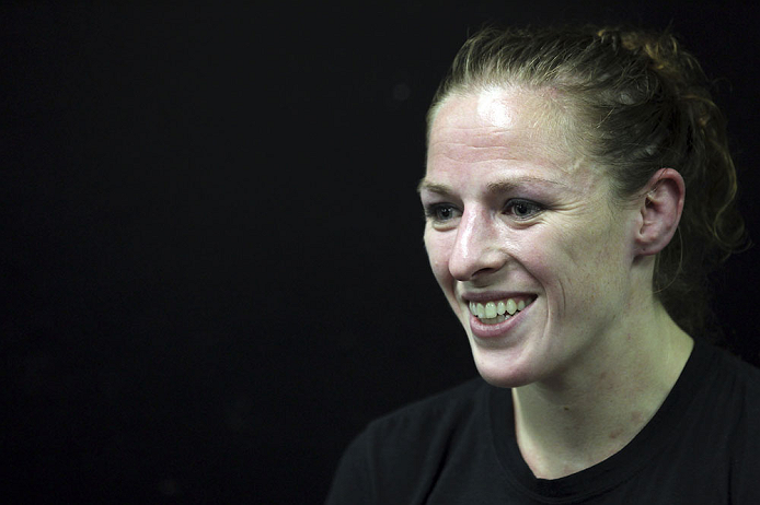 CALGARY, CANADA - JULY 20:  Sarah Kaufman speaks to the media prior to the UFC 149 weigh-in at the Scotiabank Saddledome on July 20, 2012 in Calgary, Alberta, Canada.  (Photo by Jeff Bottari/Zuffa LLC/Zuffa LLC via Getty Images)