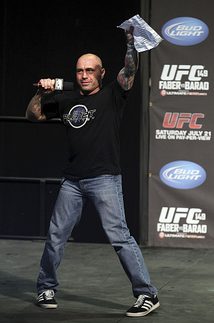 CALGARY, CANADA - JULY 20: Joe Rogan announces the fighters at the UFC 149 weigh-in at the Scotiabank Saddledome on July 20, 2012 in Calgary, Alberta, Canada.  (Photo by Jeff Bottari/Zuffa LLC/Zuffa LLC via Getty Images)