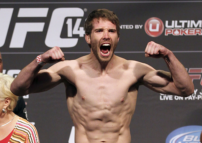 CALGARY, CANADA - JULY 20: Mitch Clarke makes weight at the UFC 149 weigh-in at the Scotiabank Saddledome on July 20, 2012 in Calgary, Alberta, Canada.  (Photo by Jeff Bottari/Zuffa LLC/Zuffa LLC via Getty Images)
