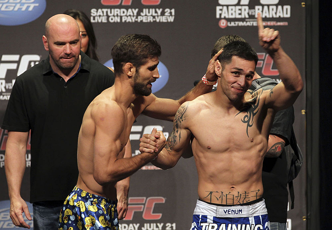 CALGARY, CANADA - JULY 20:  Antonio Carvalho and Daniel Pineda face off at the UFC 149 weigh-in at the Scotiabank Saddledome on July 20, 2012 in Calgary, Alberta, Canada.  (Photo by Jeff Bottari/Zuffa LLC/Zuffa LLC via Getty Images)