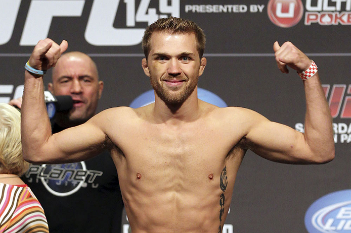 CALGARY, CANADA - JULY 20:  Bryan Caraway makes weight at the UFC 149 weigh-in at the Scotiabank Saddledome on July 20, 2012 in Calgary, Alberta, Canada.  (Photo by Jeff Bottari/Zuffa LLC/Zuffa LLC via Getty Images)