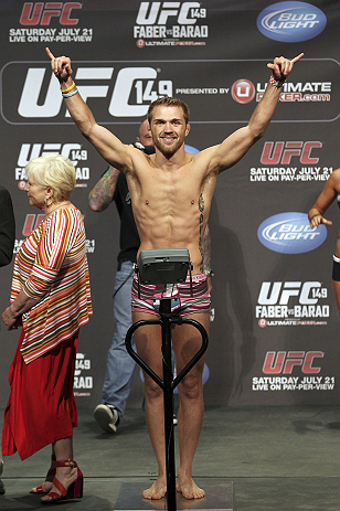 CALGARY, CANADA - JULY 20: Bryan Caraway makes weight at the UFC 149 weigh-in at the Scotiabank Saddledome on July 20, 2012 in Calgary, Alberta, Canada.  (Photo by Jeff Bottari/Zuffa LLC/Zuffa LLC via Getty Images)